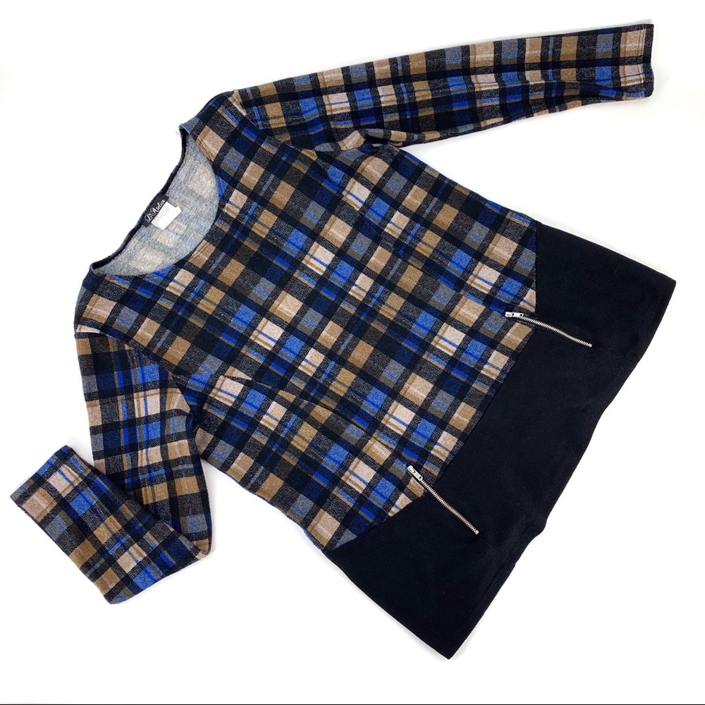 L'Atelier Blue and Brown Plaid Lightweight Fleece Top with Pockets, Large